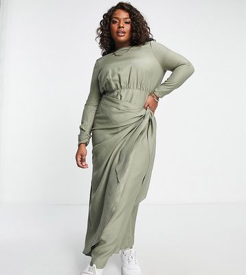 ASOS DESIGN Curve linen maxi dress with wrap skirt in khaki-Green