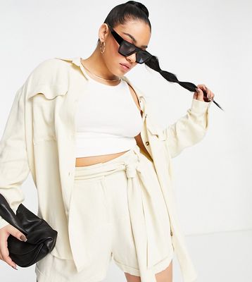 ASOS DESIGN Curve linen tie waist suit shorts in cream-White