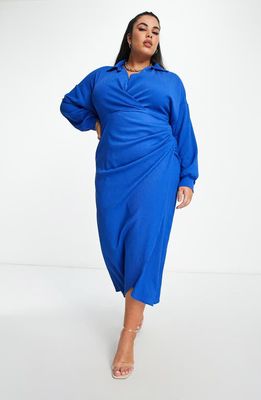 ASOS DESIGN Curve Long Sleeve Faux Wrap Shirtdress in Mid Blue