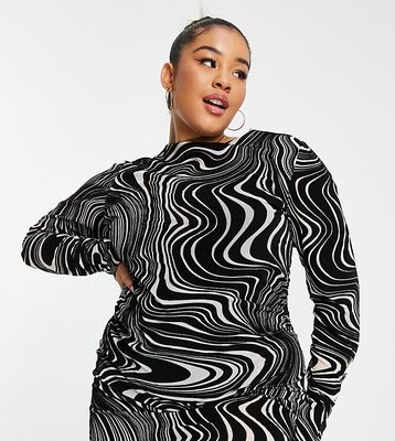 ASOS DESIGN Curve long sleeve flocked mesh mini beach dress in swirl-Black
