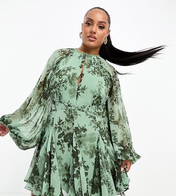 ASOS DESIGN Curve long sleeve lace insert mini skater dress in green floral print-Multi