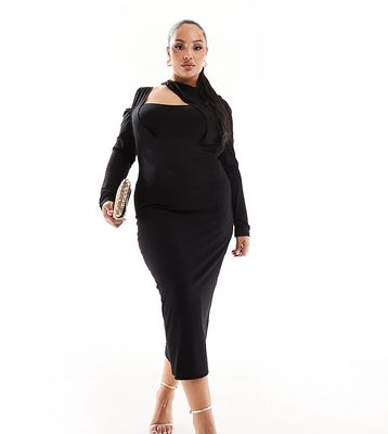 ASOS DESIGN Curve long sleeve midi dress with halter strap detail in black