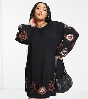 ASOS DESIGN Curve long sleeve mini smock dress with cross stitch embroidery in black