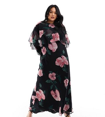 ASOS DESIGN Curve long sleeve ruffle bias maxi dress with cape detail in black floral print-Multi