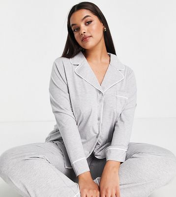 ASOS DESIGN Curve long sleeve shirt & pants pajama set with contrast piping in gray