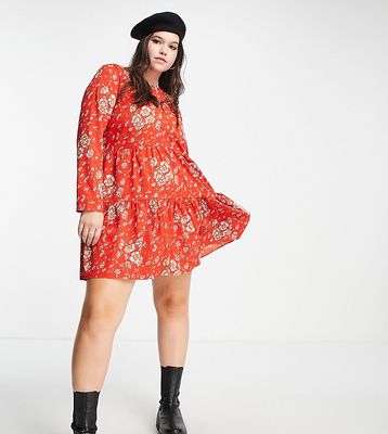 ASOS DESIGN Curve long sleeve tiered smock mini dress in red floral print-Multi