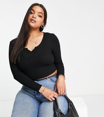 ASOS DESIGN Curve long sleeve top with notch neck in rib in black heather