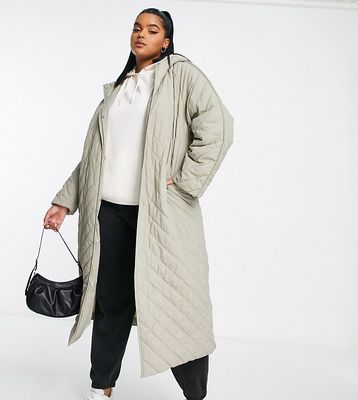 ASOS DESIGN Curve longline chevron quilted jacket with teddy borg lining in stone-Neutral