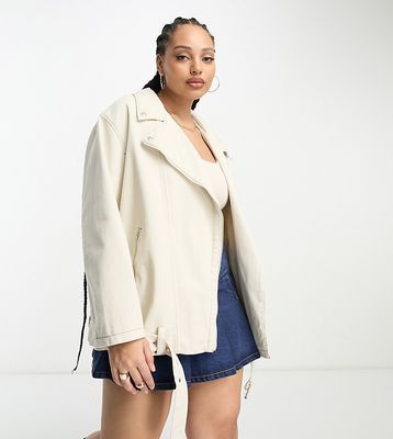 ASOS DESIGN Curve longline moto jacket in washed cotton in ecru-White