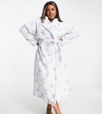 ASOS DESIGN Curve lounge mix & match star bleached borg maxi robe in blue-White