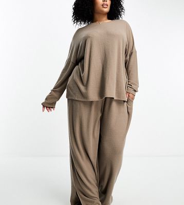 ASOS DESIGN Curve lounge soft touch ribbed sweatshirt & pants set in brown