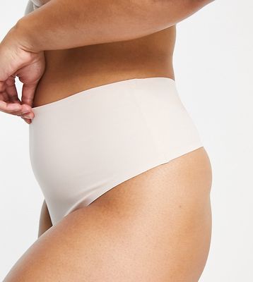 ASOS DESIGN Curve Marina polyamide blend smoothing high-waist thong in beige-Neutral