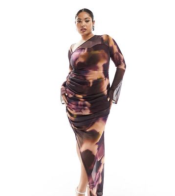 ASOS DESIGN Curve mesh asymmetric cut out midi dress in purple marble print-Multi