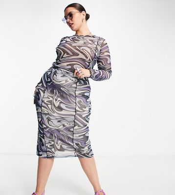 ASOS DESIGN Curve mesh midi skirt with contour exposed seams in blue swirl print-Multi
