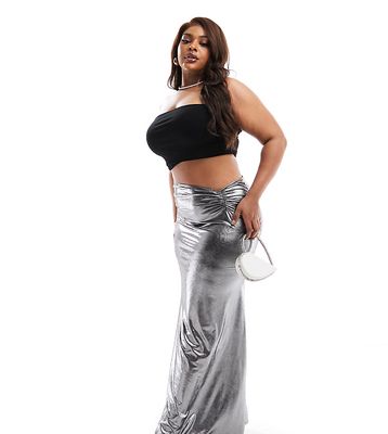 ASOS DESIGN Curve metallic fishtail maxi skirt in silver