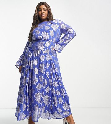 ASOS DESIGN Curve metallic long sleeve maxi dress with frill cuffs in blue