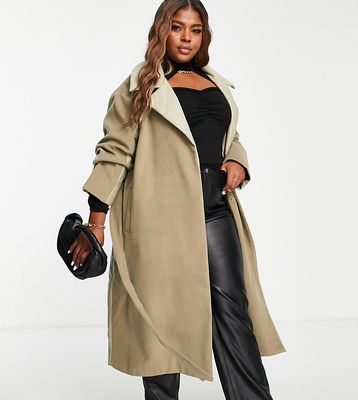 ASOS DESIGN Curve midi length belted trench coat with spliced pu detail in sage green-Brown