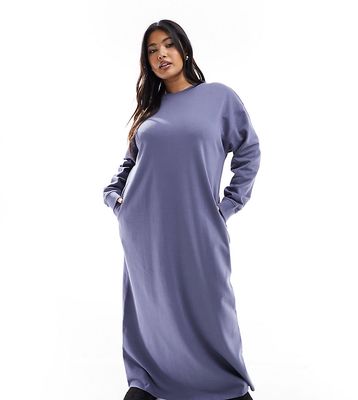 ASOS DESIGN Curve midi sweatshirt dress with pockets in blue indigo