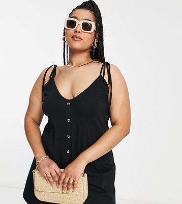 ASOS DESIGN Curve mini button up tie shoulder sundress in black