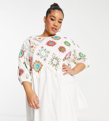 ASOS DESIGN Curve mini crochet embroidered smock dress with puff sleeves in cream-White