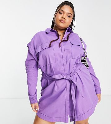 ASOS DESIGN Curve mini shirt dress with tie waist in bright purple