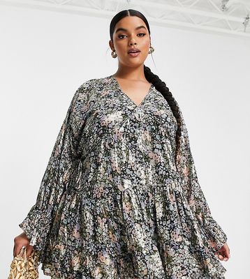ASOS DESIGN Curve mini smock dress with tie waist in ditsy printed jacquard chiffon-Multi