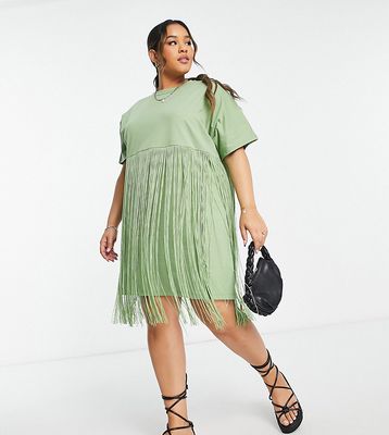 ASOS DESIGN Curve mini t-shirt dress with fringing in olive-Green