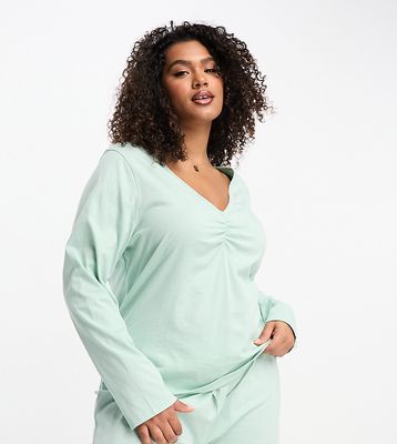 ASOS DESIGN Curve mix & match cotton long sleeve pajama top with picot trim in sage-Green