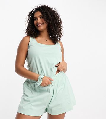 ASOS DESIGN Curve mix & match cotton square neck pajama tank top with scrunchie in sage-Green
