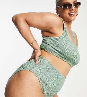 ASOS DESIGN Curve mix & match crinkle high leg high waist bikini bottoms in khaki-Green