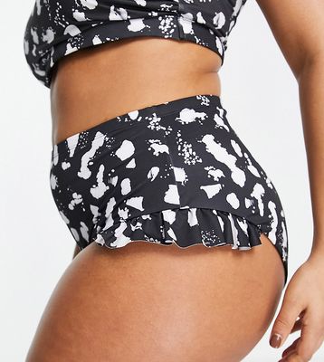 ASOS DESIGN Curve mix and match frill high waist bikini bottom in mono spot print-Multi