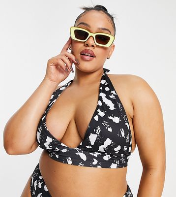 ASOS DESIGN Curve mix and match halter plunge bikini top in mono spot print-Multi