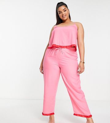 ASOS DESIGN Curve mix & match modal pajama pants with contrast frill in pink & red