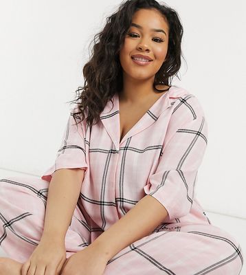 ASOS DESIGN Curve mix & match plaid drop shoulder pajama shirt in pink