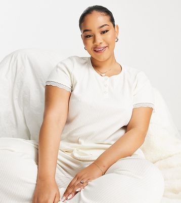 ASOS DESIGN Curve mix & match rib & lace button front pajama top in cream-White