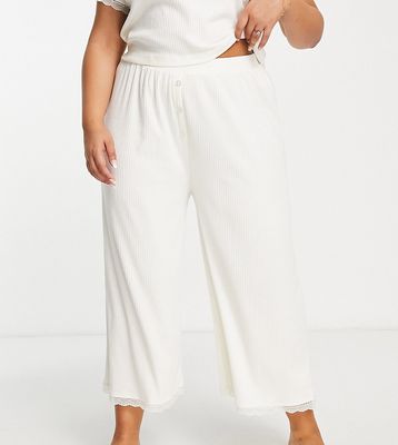 ASOS DESIGN Curve mix & match rib & lace pajama culottes in cream-White