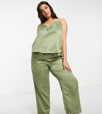 ASOS DESIGN Curve mix & match satin pajama pants with animal print piping in olive-Green