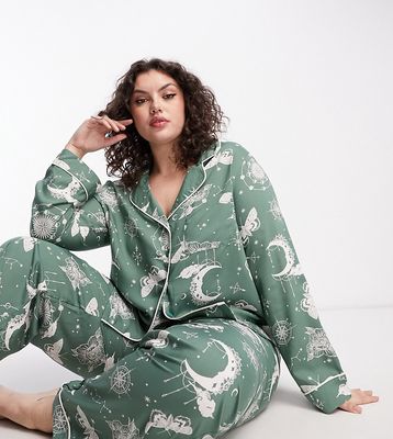 ASOS DESIGN Curve modal astrology shirt & pants pajama set in sage-Green