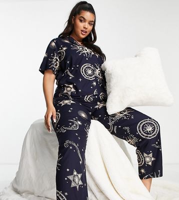 ASOS DESIGN Curve modal horoscope shirt & pants pajama set in navy