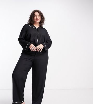 ASOS DESIGN Curve modal shirt & pants pajama set with contrast piping in black