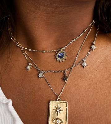 ASOS DESIGN Curve multirow necklace with celestial and vintage pendant in gold tone