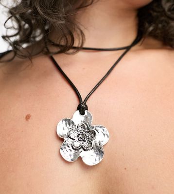 ASOS DESIGN Curve necklace with multi wrap cord and flower pendant design in silver tone