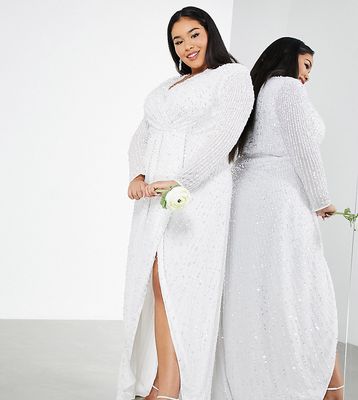 ASOS DESIGN Curve Nola pleated plunge wrap wedding dress in sequin-White