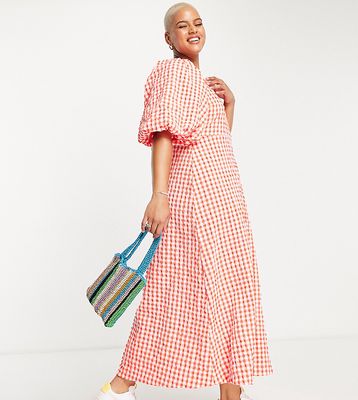 ASOS DESIGN Curve open back puff sleeve maxi dress in textured red gingham-Multi