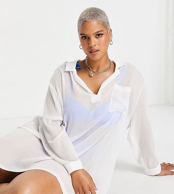 ASOS DESIGN Curve overhead sheer beach shirt with pocket in white