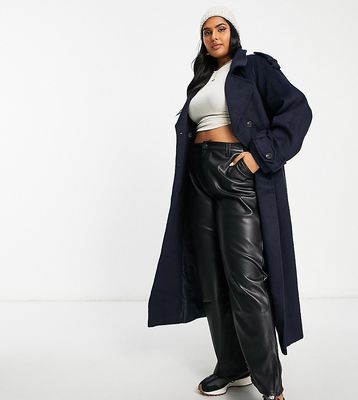 ASOS DESIGN Curve oversized brushed formal trench wool mix coat in navy