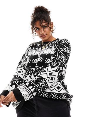 ASOS DESIGN Curve oversized Christmas sweater in fairisle pattern in black and white