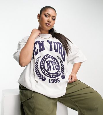 ASOS DESIGN Curve oversized heavyweight t-shirt with side splits with new york graphic in ice heather-Gray