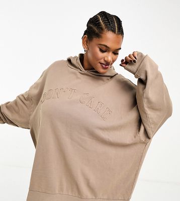 ASOS DESIGN Curve oversized hoodie with don't care applique graphic in taupe-Neutral