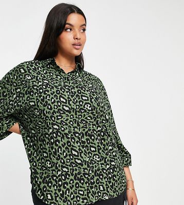ASOS DESIGN Curve oversized long sleeve shirt in green leopard print